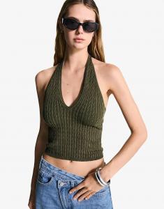 Топ Bershka Cable-knit с бретельками через шею зеленого цвета