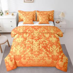 Erosebridal Готический комплект постельного белья Damask с черепами и викторианскими цветами, Skull Orange