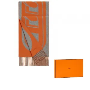 HERMES Кашемировый вязаный шарф мужской верблюжий с оранжевым, Orange