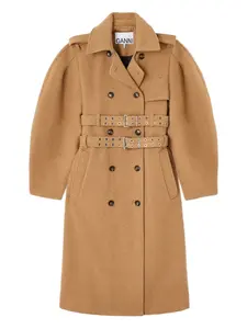 Двубортное пальто с поясом Ganni, коричневый