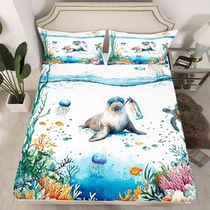 Erosebridal Комплект постельного белья Funny Walrus с морскими животными в голубых тонах, Blue Green Orange Brown White