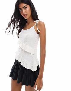 Длинный асимметричный топ с завязками и оборками в кремовом цвете Miss Selfridge