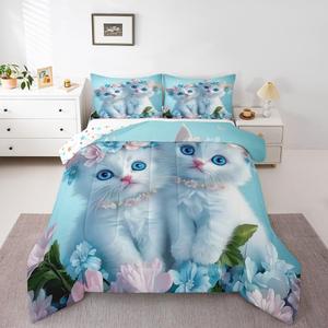 Erosebridal Комплект постельного белья Kawaii Cats с мультяшными котятами и цветами в голубых, розовых и белых тонах, Blue Pink White