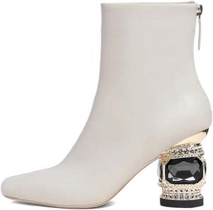 Женские ботильоны XYD с низким средним широким каблуком, кристаллическим украшением, закрытым квадратным носком, короткие с молнией сзади, для вечеринок, бальных танцев и нарядной одежды, Beige White Two-Tone