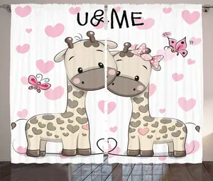 Штора ABAKUHAUS с изображением животных в деревенском стиле, жирафы и сердечки, универсальная тесьма для гостиной с петлями и крючками, 280 x 175 см, белый, серый и розовый Abakuhaus