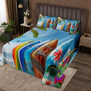 Erosebridal Комплект постельного белья Surfboard Hawaii Tropical с морскими волнами и пальмами в прибрежной тематике, Blue Green