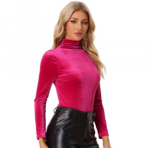 Женская водолазка, бархатный топ, рабочие рубашки с длинными рукавами, базовая велюровая блузка ALLEGRA K, цвет Hot Pink