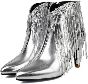 BLXQPYT Женские кожаные ботильоны на высоком каблуке с острым носком в западном стиле, золотые и серебряные с кисточками и пайетками, модные ботинки с боковой молнией
