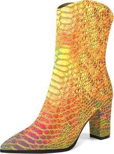 Женские ботильоны MOVINSTEPS в ковбойском стиле с закрытым носком, модные, с боковой молнией, из лакированной кожи, массивный высокий каблук, средняя голень, каблук 3,3 дюйма, Gold Snake
