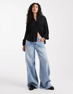 Потертая блузка с длинными рукавами на пуговицах, черного цвета