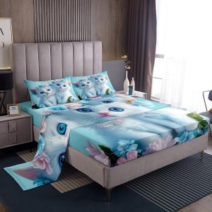 Erosebridal Комплект постельного белья Kawaii Cats с милыми котятами и цветами в сине-розовой гамме, Blue Pink White