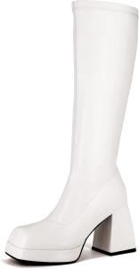 Женские сапоги STALOV Platform Gogo, высокие до колена, с квадратным носком, на толстом каблуке, из эластичной кожи, White