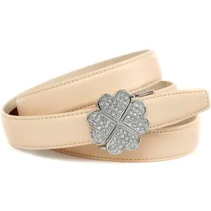Кожаный ремень Anthoni Crown с изящной застежкой в ​​виде клеверного листа, бежевый