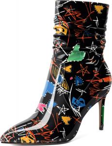 Женские скошенные ботильоны Mettesally с высоким каблуком, заостренным носком, модные стильные с боковой молнией, каблук 3,5 дюйма, ботинки средней высоты, Patent Graffiti