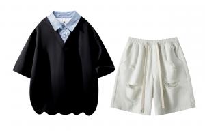 Повседневная спортивная футболка-поло Unisex с воротником X1617, черный short-sleeved shirt+белый ripped shorts