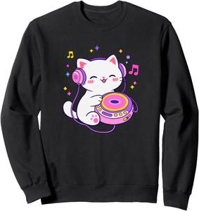 Толстовка с изображением кошки в стиле ретро каваи и портативного CD-плеера в стиле Хэйсэй для девочек Retro Kawaii Studio, черный