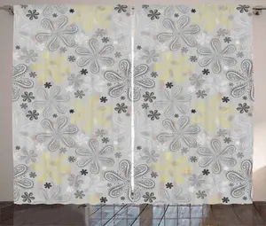 Штора ABAKUHAUS Rustic Grey, с желтым цветочным узором, универсальная ленточная штора для гостиной с петлями и крючками, 280 x 245 см, цвет бледно-серый и белый Abakuhaus