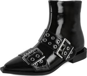 Женские ботильоны SAMMITOP с низким толстым каблуком, классические заостренные носки, боковая молния, ботильоны Челси с металлической пряжкой и люверсами, каблук 3 см, Patent Black