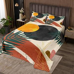 Erosebridal Абстрактный бохо комплект постельного белья, геометрический дизайн середины века, современная минималистичная эстетика с ботаническим принтом золотых зеленых листьев, Green Yellow Gold Brown