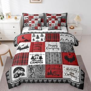 Erosebridal Комплект постельного белья Happy Camping из 7 предметов для детей и взрослых, клетка красный черный баффало, деревенский стиль пэчворк, Red Gray