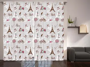 Штора ABAKUHAUS Paris Rustic, Vespa Bikes Eiffel Hearts, присборенная штора из тесьмы для спальни с петлями и крючками, 280 x 225 см, нежно-голубой, коричневый, розовый Abakuhaus