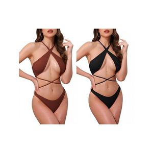 2 комплекта женского купальника с перекрестными лямками и ребристым трикотажем, топ и треугольные трусики Inspire Chic, Black Coffee