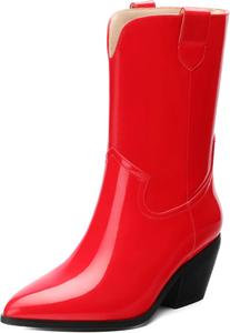 Женские сапоги WAYDERNS до середины икры из лакированной кожи с массивным каблуком, заостренным носком, 2,3-дюймовым каблуком, короткие ботильоны для модных повседневных прогулок, свиданий и шопинга, осенние, Red