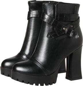 Женские ботильоны Uniquelly с высоким каблуком на платформе, круглым носком, боковой молнией и пряжкой, модная зимняя обувь, Black