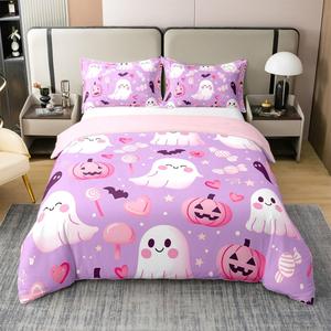 Erosebridal Комплект постельного белья Happy Halloween для детей из 100% хлопка с розовыми тыквами, привидениями и черными летучими мышами, Purple