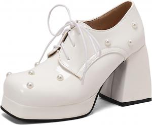 Женские туфли с платформой и массивным каблуком Alyaafifa, ботильоны на высоком каблуке с шнуровкой, закрытые туфли с квадратным носком, удобные туфли для вечеринок, свадеб, мероприятий, клуба и выпускного, Patent Leather - White