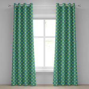 Желто-синяя штора на люверсах ABAKUHAUS с крупным винтажным узором в горошек, ностальгически стилизованный пастельный узор с пятнами, декоративная двухпанельная штора на окно, 280 см x 245 см, бирюзовый цвет