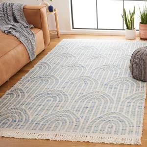 Ковер SAFAVIEH, 183 x 183 см, Kilim Collection, Blue & Ivory, ручной работы из шерсти, геометрический дизайн с бахромой, идеально для гостиной, спальни, столовой (KLM765M-6SQ)