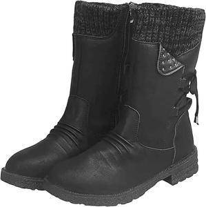 Женские зимние ботинки с утеплителем, с круглым носком, на шнуровке, вестерн-платформа, ковбойские ботинки, походные ботильоны, противоскользящие, для улицы, средней высоты Generic, Black