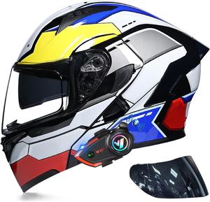 Шлем мотоциклетный BYGMWEP Bluetooth с двумя козырьками, белый / синий