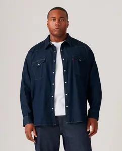 Мужская джинсовая рубашка классическая синяя однотонная больших размеров Levi's, темно-синий