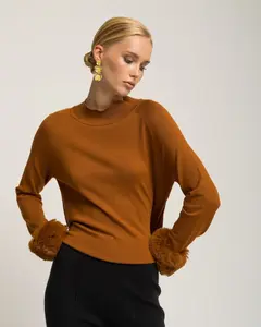 Женский джемпер с рукавами-летучая мышь и меховыми вставками на запястьях Niza, песочный