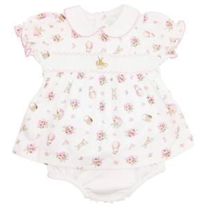 "Bella Bunny" платье с ручной вышивкой и комплект шортиков в бело-розовой гамме Baby Threads