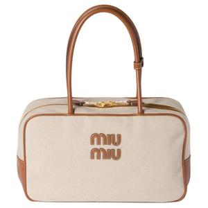 MIU MIU Хлопковая сумка через плечо женская бежевая с акцентами коньячного цвета
