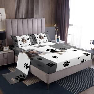 Erosebridal Комплект постельного белья Kids Cat с 3D принтом котят и кошачьих лапок, рыбок и косточек, серо-белый, Multi 07