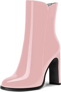 Женские офисные ботинки ROSERWISH на молнии, с классическим округлым носком, лакированной отделкой, высокими блочными каблуками и средним голенищем, 4 дюйма