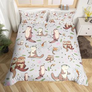 Erosebridal Комплект постельного белья Cartoon с принтом лап выдр, кои и ракушек в бежево-серой гамме, мягкий и уютный, Beige Grey