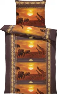 Комплект постельного белья из 4 предметов, 135x200 см, Африка, Сафари, Слоны, Жирафы, коричневый, микрофибра One-Home