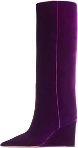 Женские ботфорты FSJ на клиновидном высоком каблуке, заостренный носок, высокие до бедра, удобные, с толстым высоким каблуком, модные, праздничные, до колена, размеры 4-15 US, Purple Velvet