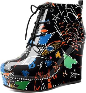 Женские ботильоны Eldof Wedge с круглым носком, шнуровкой и бисером, высокие на каблуке 4 дюйма, из лакированной кожи, Graffiti