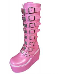 Женские сапоги ZKXYFFS в стиле панк-готика с платформой, ремнями с пряжками, задней молнией, готическими заклепками и металлическим декором, высокие сапоги до колена, мотоциклетные боевые сапоги, 6 Pink