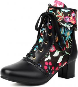 Женские модные ботинки Aflngle с цветочным узором, сшитые из разных материалов, ботильоны с круглым носком, шнуровкой, массивным каблуком, короткие ботинки, элегантные и удобные туфли для свадебной вечеринки, Black