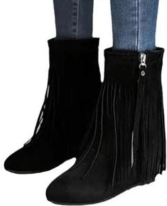 Женские замшевые сапоги с бахромой на скрытой танкетке, средней высоты до середины голени, с классическими кисточками, боковой молнией, вестерн-стиле, удобные, с противоскользящей подошвой, на широкую икру, плоские зимние сапоги DEVILEYEZE, Black