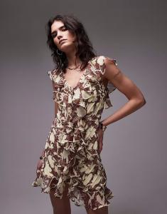 Мини-платье Topshop с оборками и защипами в цветочек цвета пахты