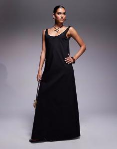 Эксклюзивное платье-трапеция макси из поплина с круглым вырезом черного цвета Fashionkilla