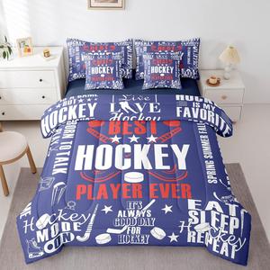 Erosebridal Комплект постельного белья Hockey Motivational с зимним спортивным дизайном в красно-синих тонах, Red Blue